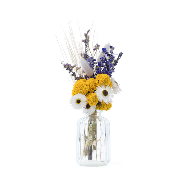 Blue and yellow small dried flower bouquet + vase