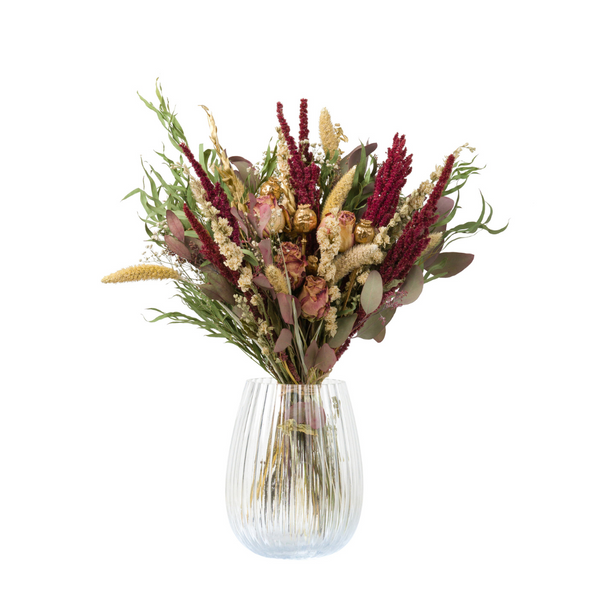 Red, green and gold Christmas dried flower bouquet