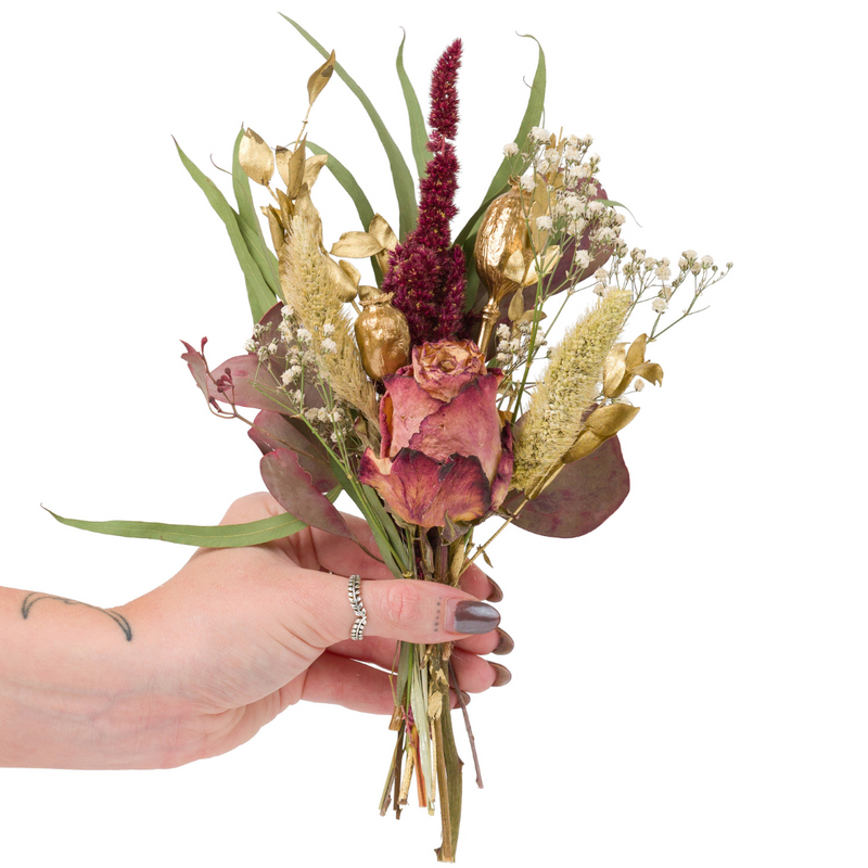 Red, green and gold small Christmas dried flower bouquet + vase