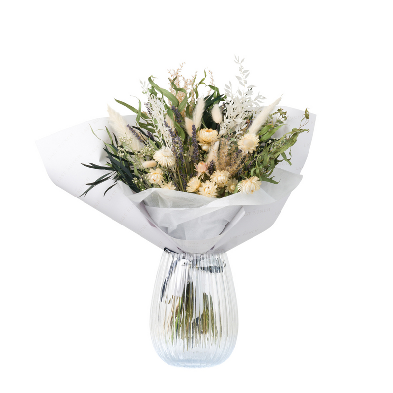 Green, white and blue dried flower bouquet