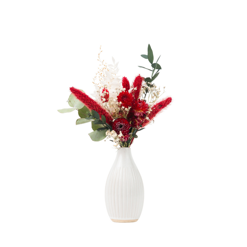 Red and green small Christmas dried flower bouquet + vase