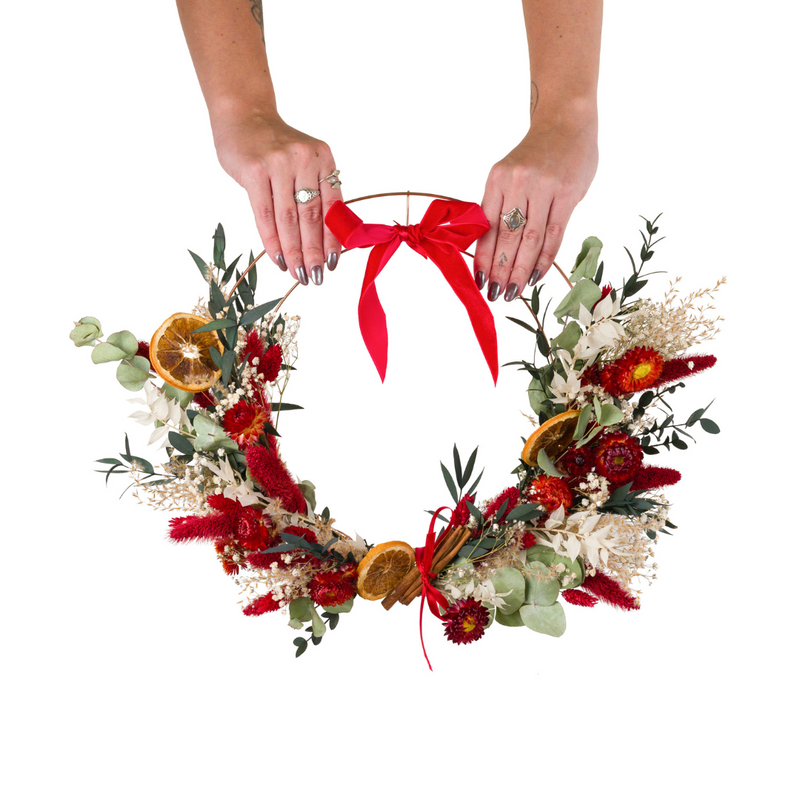 Red, green and white Christmas dried flower wreath