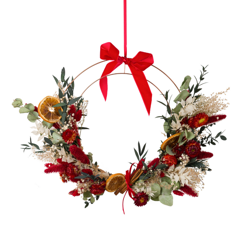 Red, green and white Christmas dried flower wreath