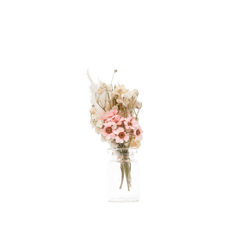 Pink and cream dried flower mini bouquet in a mini vase