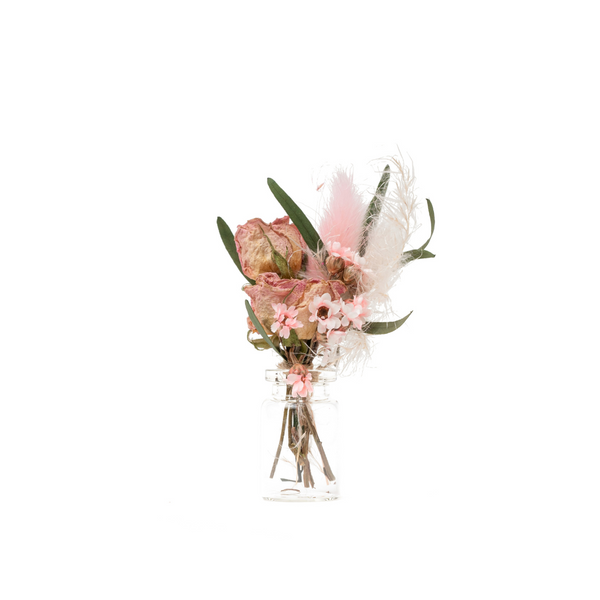 Pink and cream dried flower mini bouquet with roses in a mini vase