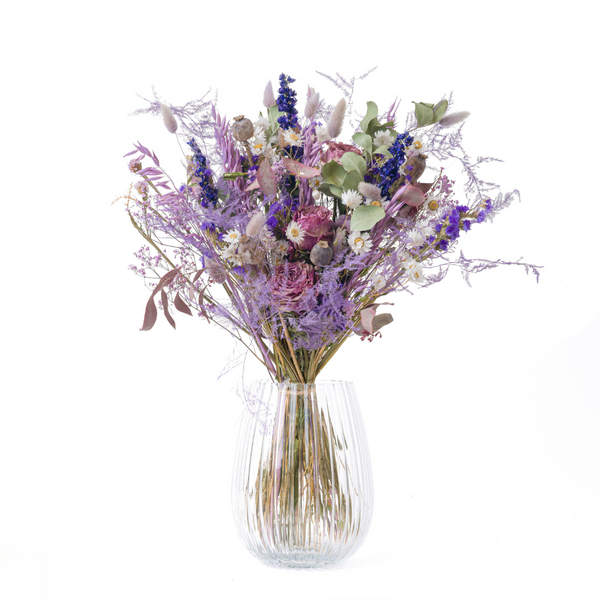 A purple dried flower bouquet