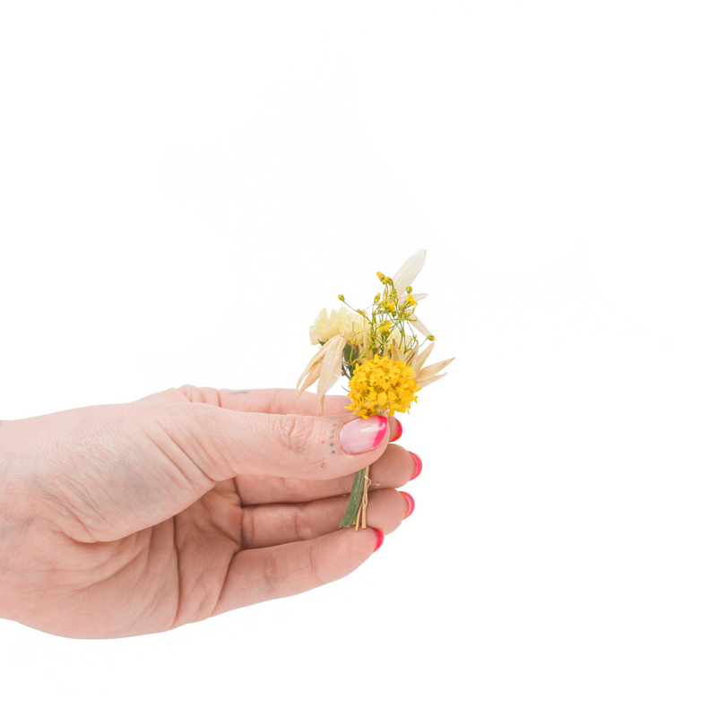 A yellow mini bouquet made from dried flowers that are not toxic for pets in a hand