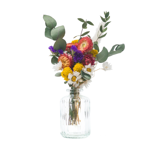 Dried Wildflowers Many Tiny Blue And Yellow Flowers In A Transparent Glassy  Vase Bouquet On A Gray Background Stock Photo - Download Image Now - iStock