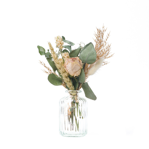 Green and white small dried flower bouquet + vase