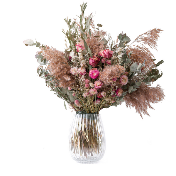 A giant pink dried flower bouquet