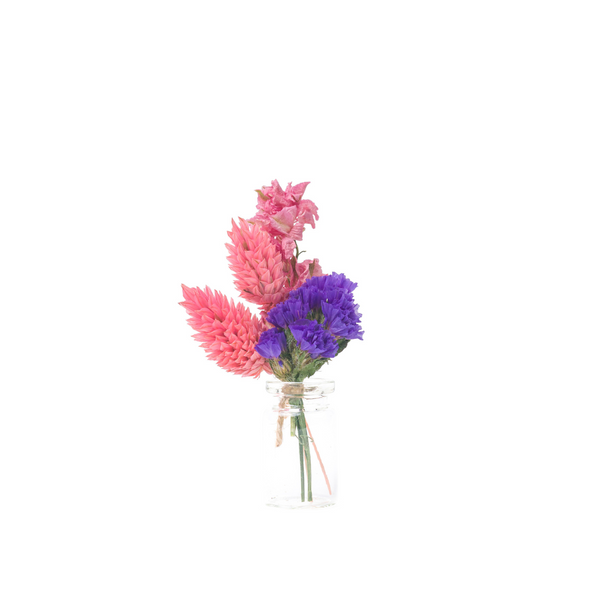 Pink and purple dried flower mini bouquet in a mini vase