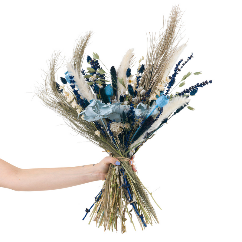 A blue dried flower bouquet