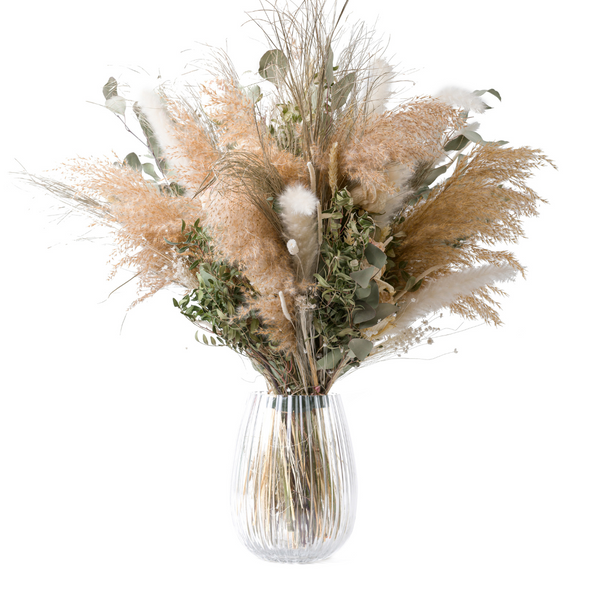 A giant green and cream dried flower bouquet