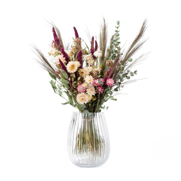 A pink and cream dried flower bouquet