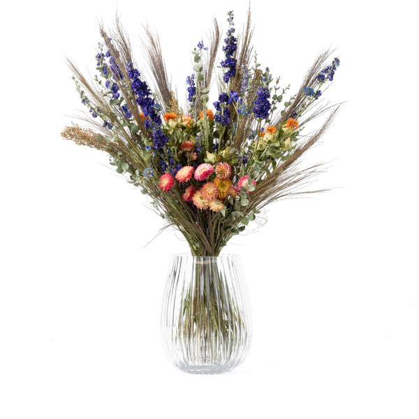 A blue and orange dried flower bouquet