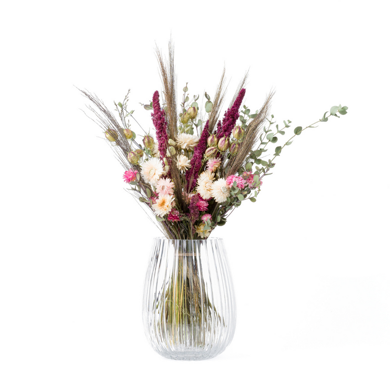 A pink and cream dried flower bouquet