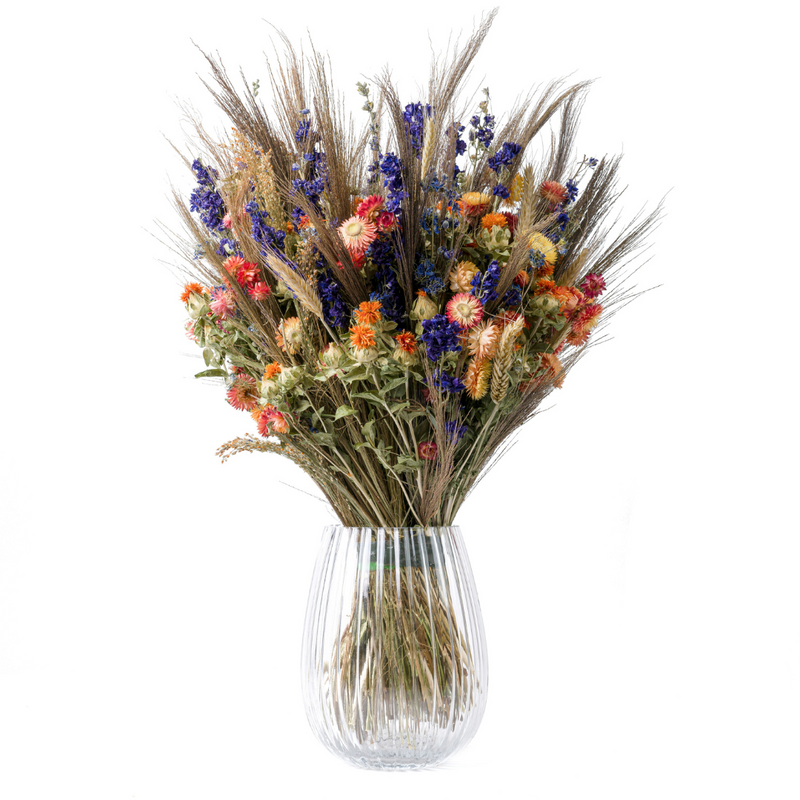 A giant blue and orange dried flower bouquet