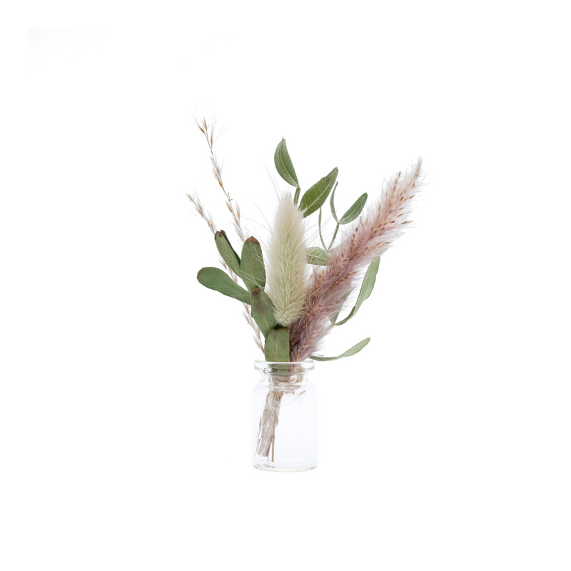 A foliage dried flower mini bouquet in a mini vase