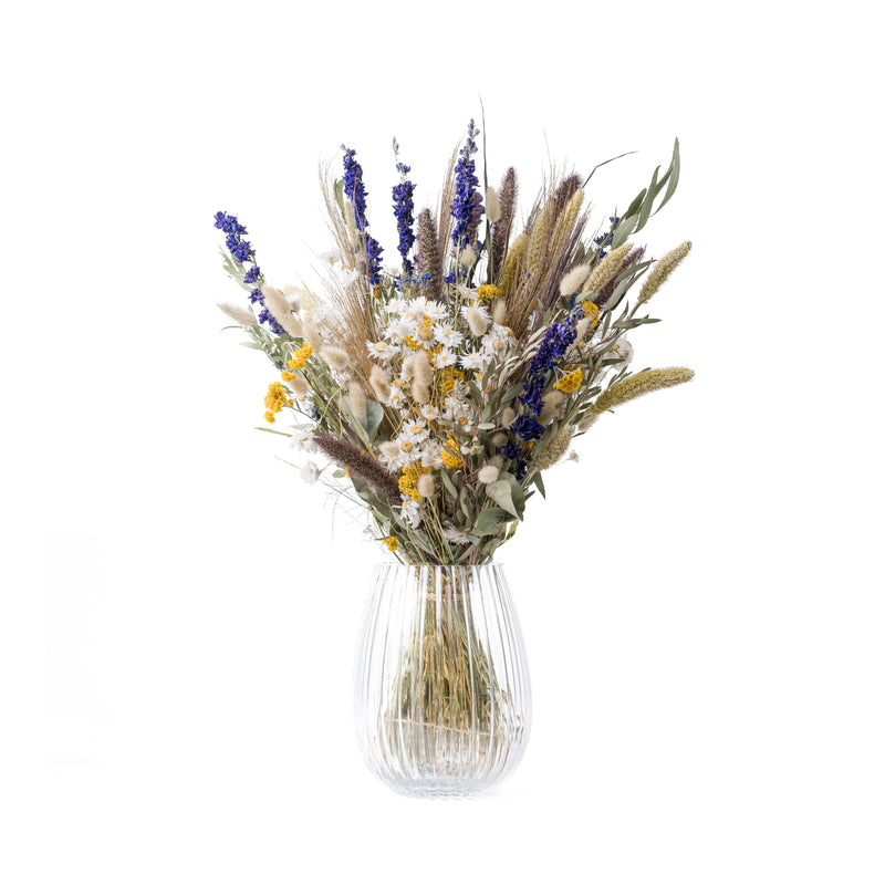 A blue and yellow dried flower bouquet